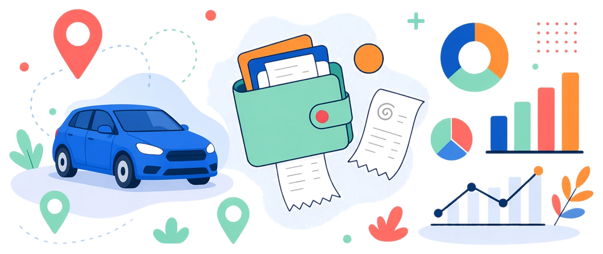 Flat illustration of mileage, expenses, receipts, and reports
